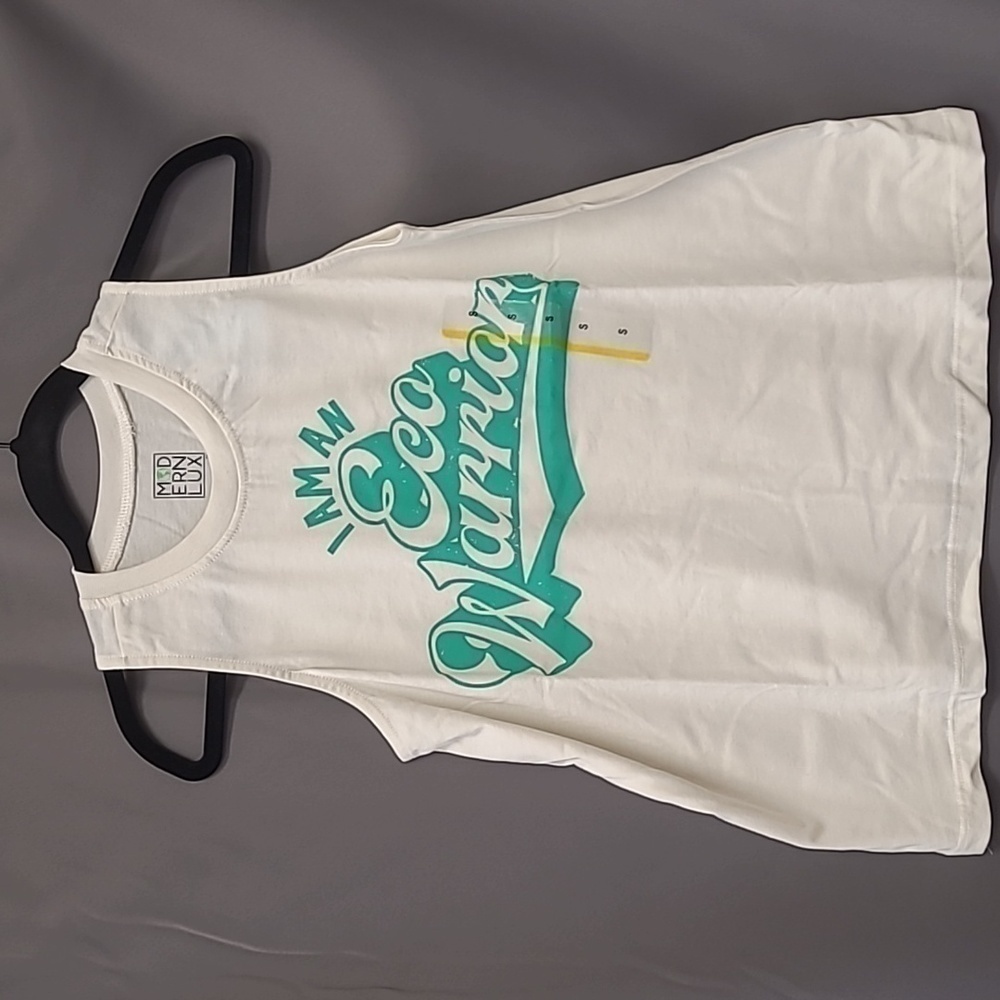 Modern Lux Eco Warrior Tank Top, Cream with Green Writting, Size Small